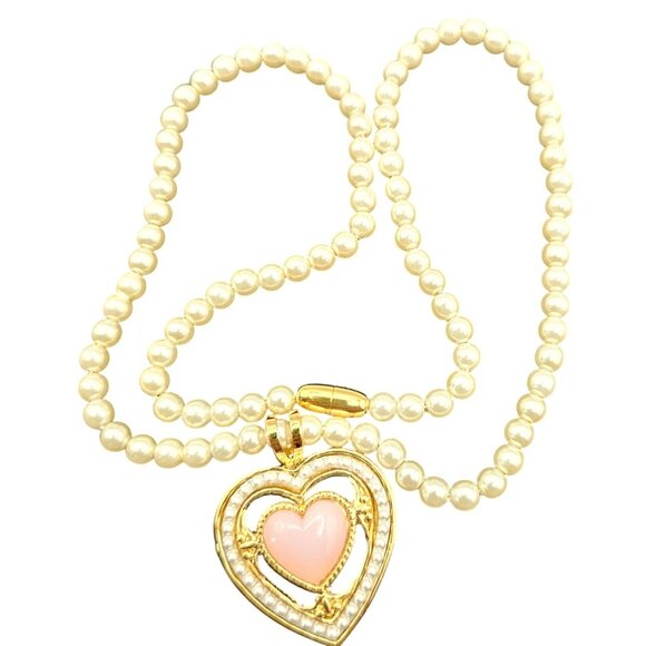 Victorian Heart Necklace 19" Faux Pearl Pink Heart Pendant Vintage 1987 Avon - Picture 3 of 10